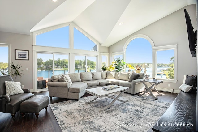living room featuring a water view, high vaulted ceiling, baseboards, and dark wood-type flooring