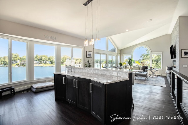 kitchen featuring open floor plan, dark cabinetry, dark wood-type flooring, an island with sink, and light stone counters