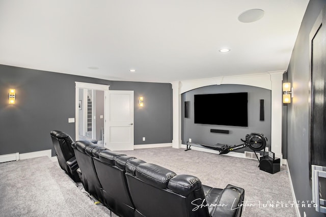 carpeted home theater with baseboards, visible vents, and recessed lighting