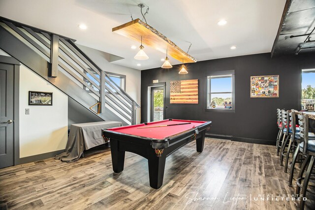 rec room featuring baseboards, wood finished floors, pool table, and recessed lighting