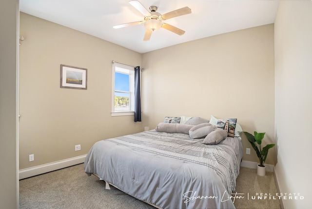 bedroom featuring baseboards, carpet floors, ceiling fan, and baseboard heating