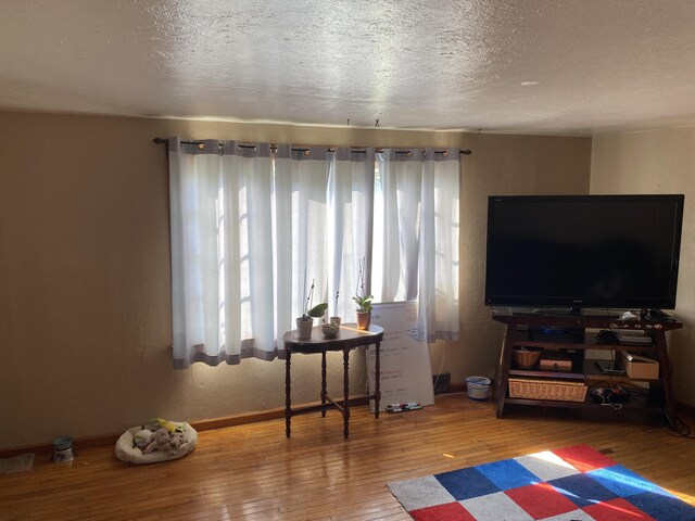 interior space featuring a textured ceiling and hardwood / wood-style flooring