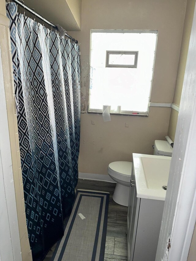 bathroom with vanity, toilet, wood-type flooring, and walk in shower