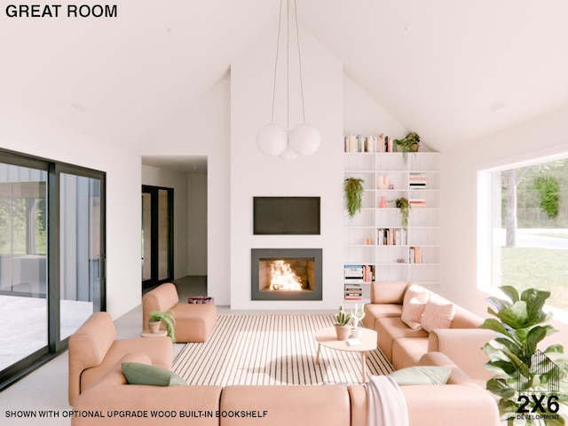 living room with carpet flooring and high vaulted ceiling