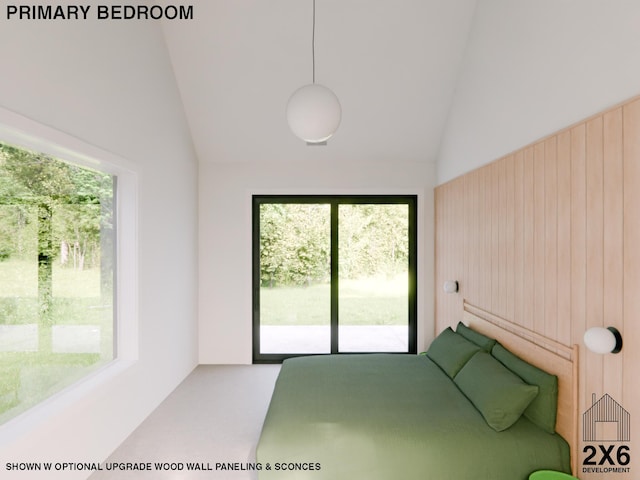 unfurnished bedroom featuring access to outside, wood walls, carpet, and high vaulted ceiling