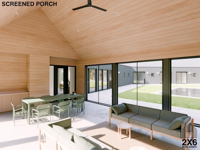 interior space featuring ceiling fan, wood ceiling, and high vaulted ceiling