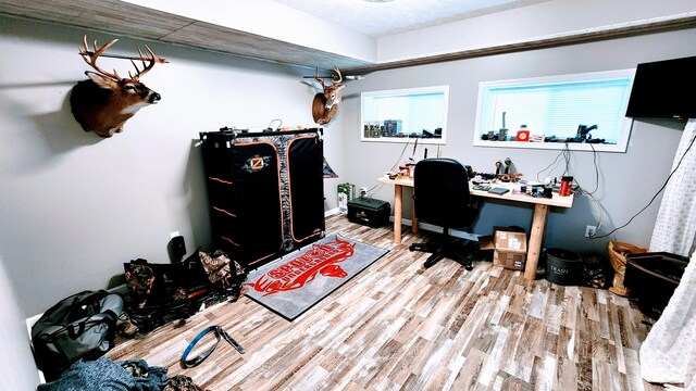 home office with wood-type flooring