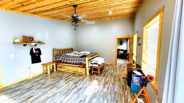 bedroom with ceiling fan, hardwood / wood-style floors, and wooden ceiling