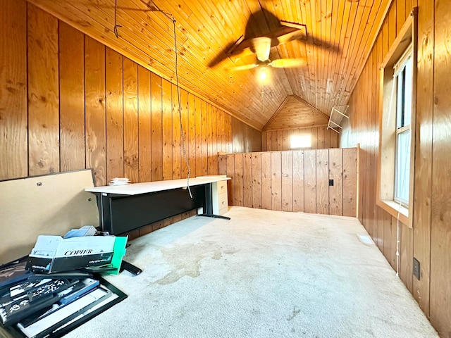 additional living space featuring carpet flooring, wood ceiling, lofted ceiling, and wooden walls