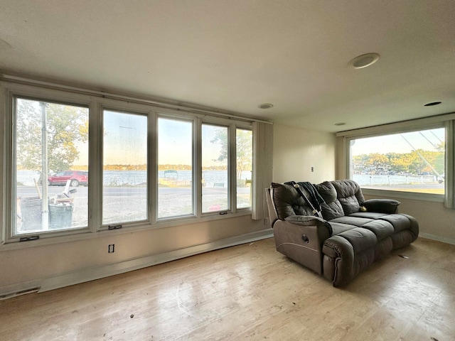 living room featuring light wood-type flooring and a water view