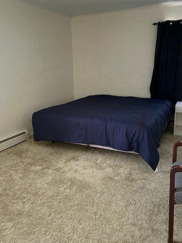 bedroom with carpet floors and a baseboard heating unit