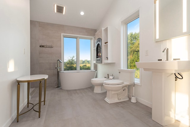 bathroom with toilet, a bidet, and a wealth of natural light