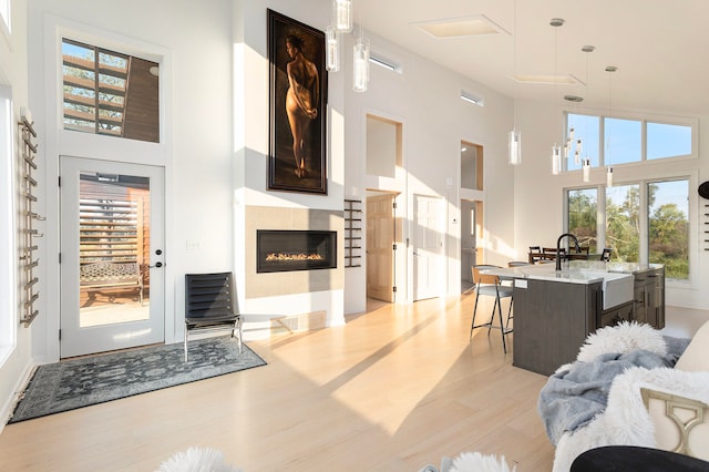 living room featuring light wood-type flooring, a towering ceiling, and sink