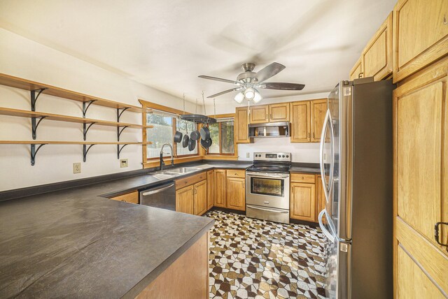 kitchen with ceiling fan, appliances with stainless steel finishes, and sink