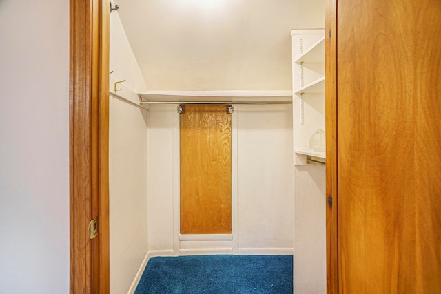 walk in closet featuring dark carpet