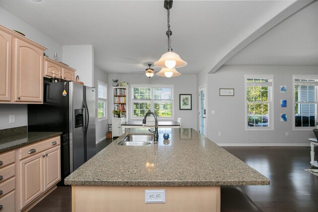 kitchen featuring light brown cabinets, dark wood-type flooring, plenty of natural light, and sink