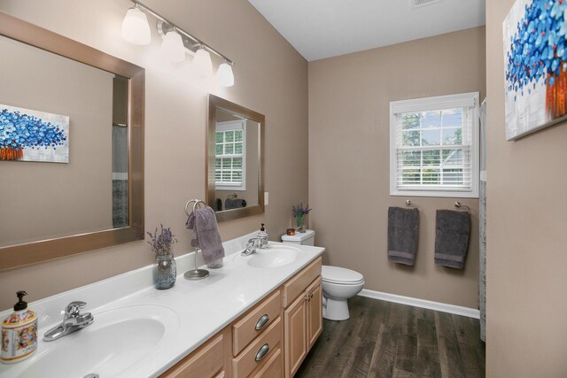 bathroom featuring hardwood / wood-style flooring, vanity, and toilet