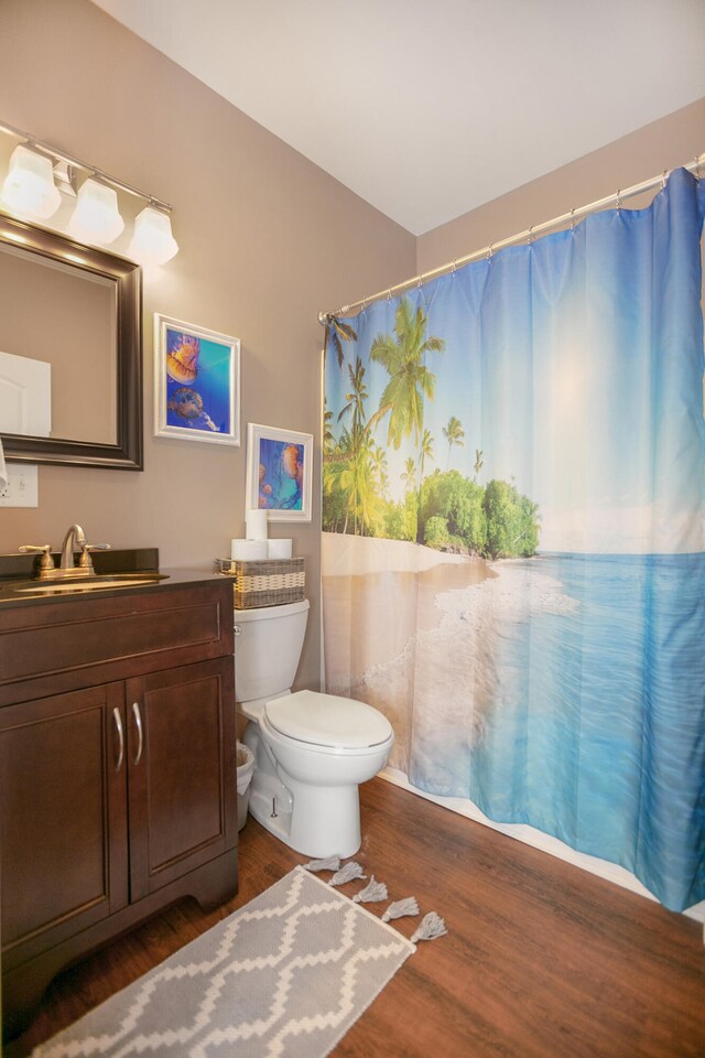 bathroom featuring wood-type flooring, vanity, toilet, and a shower with shower curtain