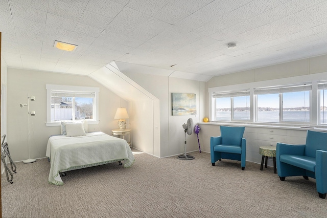 carpeted bedroom with lofted ceiling