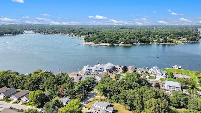 birds eye view of property with a residential view, a view of trees, and a water view