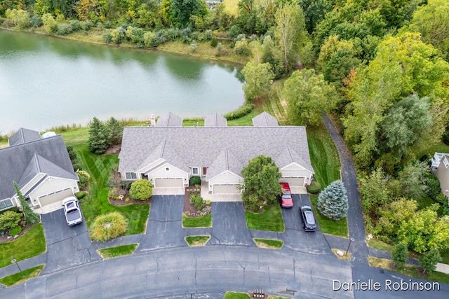 bird's eye view with a water view