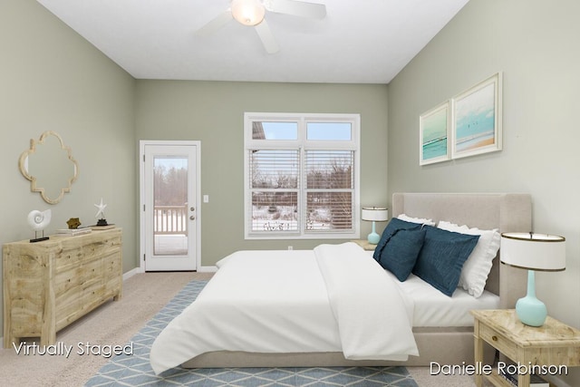 bedroom with ceiling fan, access to exterior, and light colored carpet