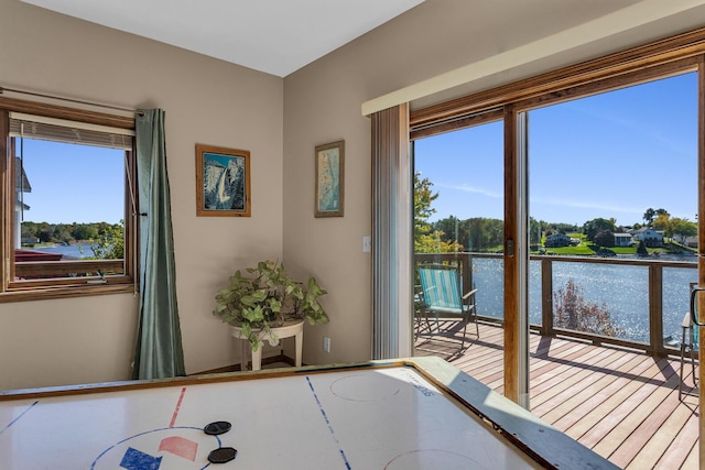 entryway with a water view
