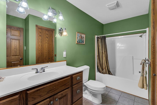 bathroom featuring vanity, tile patterned flooring, toilet, shower / bathtub combination with curtain, and visible vents