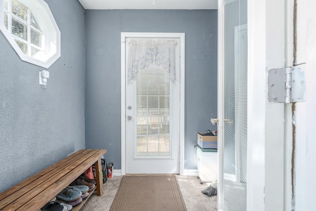 doorway to outside with carpet floors