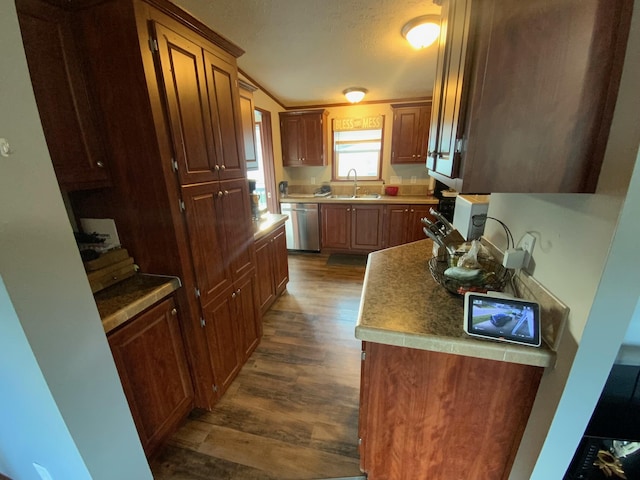 kitchen featuring sink, a textured ceiling, dark hardwood / wood-style floors, and stainless steel dishwasher