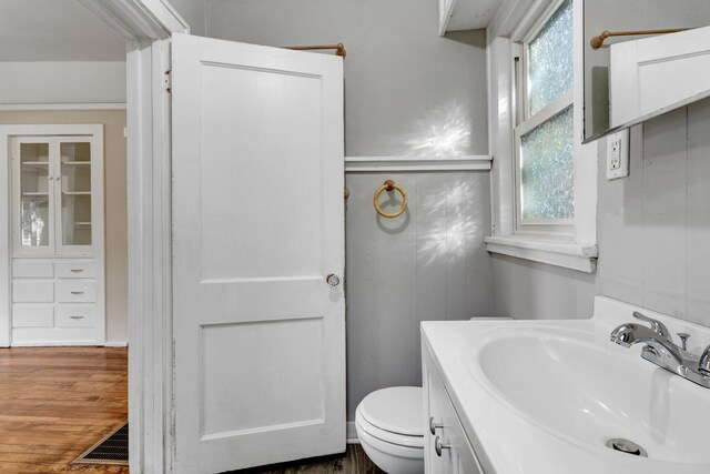 bathroom with hardwood / wood-style flooring, vanity, and toilet