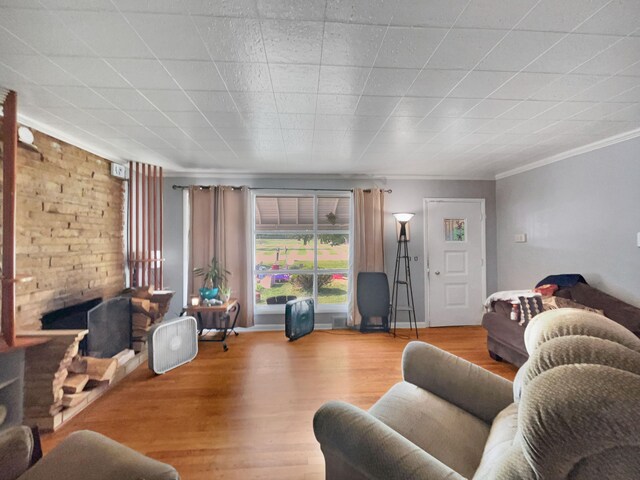 living room with light wood-type flooring and crown molding