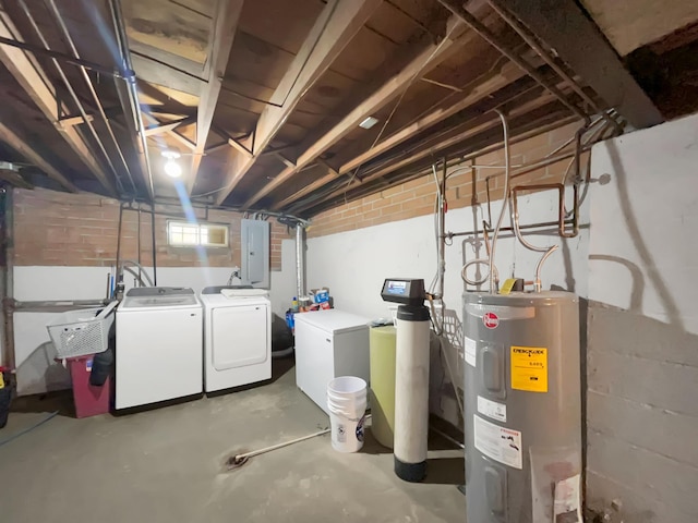 basement with electric panel, washer and dryer, and electric water heater