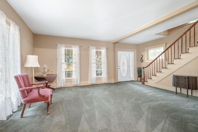 living area with plenty of natural light and carpet