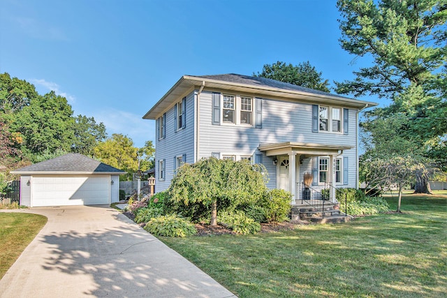 colonial inspired home with a garage, a front lawn, and an outbuilding