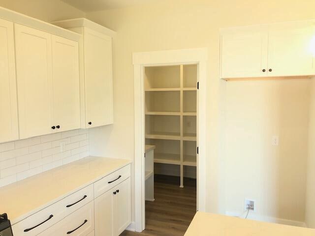 interior space featuring hardwood / wood-style flooring, decorative backsplash, and white cabinetry