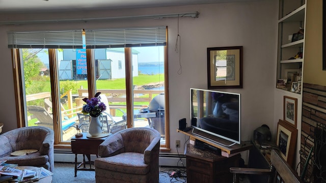 carpeted living room with a baseboard heating unit and a healthy amount of sunlight