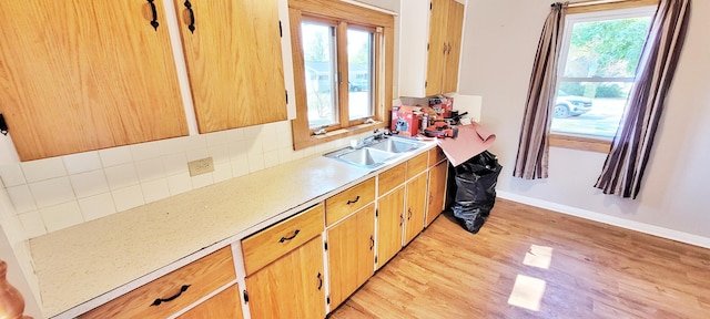 kitchen featuring light wood-type flooring, a healthy amount of sunlight, decorative backsplash, and sink