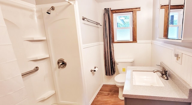 bathroom with wood-type flooring, vanity, toilet, and a shower with shower curtain