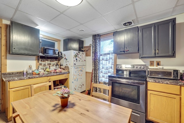 kitchen featuring a drop ceiling, light brown cabinets, and appliances with stainless steel finishes