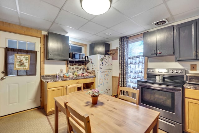 kitchen with light brown cabinetry, light wood-type flooring, stainless steel appliances, and a paneled ceiling