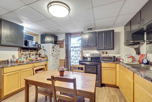 kitchen with appliances with stainless steel finishes, light brown cabinets, light wood-type flooring, a drop ceiling, and sink