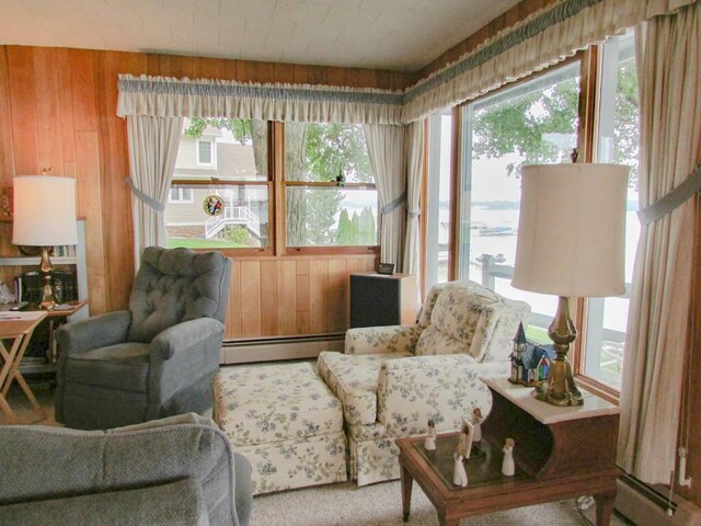 living room with carpet floors, wood walls, baseboard heating, and plenty of natural light