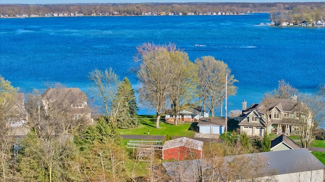 drone / aerial view with a water view