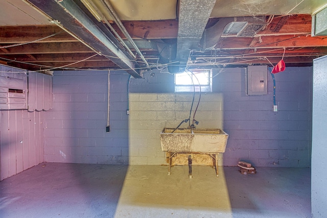 basement with electric panel and sink