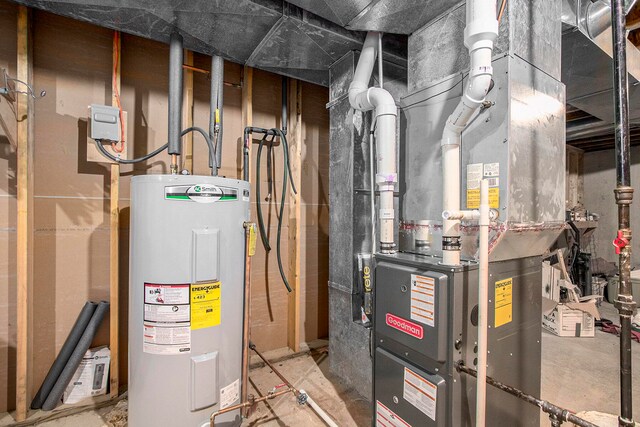 utility room featuring heating unit and water heater