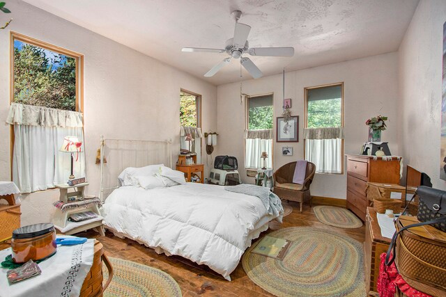 bedroom featuring ceiling fan, multiple windows, and dark hardwood / wood-style flooring