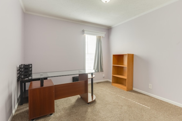 carpeted office space featuring a textured ceiling and ornamental molding