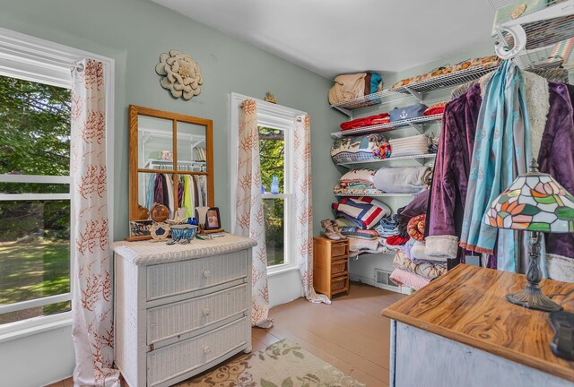 walk in closet with light wood-type flooring