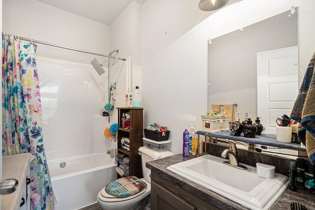 full bathroom featuring vanity, toilet, and shower / bathtub combination with curtain